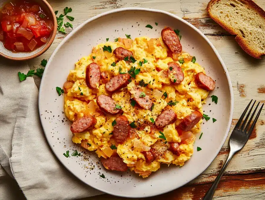 Scrambled eggs with diced Vienna sausages, onions, and peppers served with toast	
