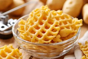 Homemade waffle fries soaking in water with preparation tools in the background
