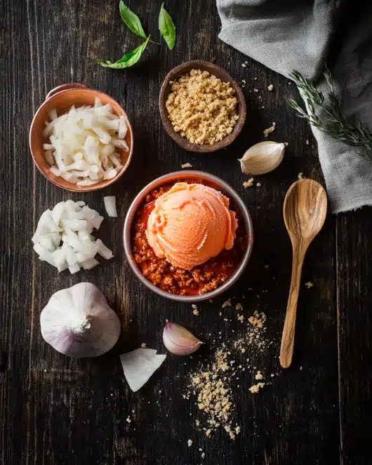 Flat-lay of ingredients for Bolognese ice cream, including tomato paste, cream, and breadcrumbs