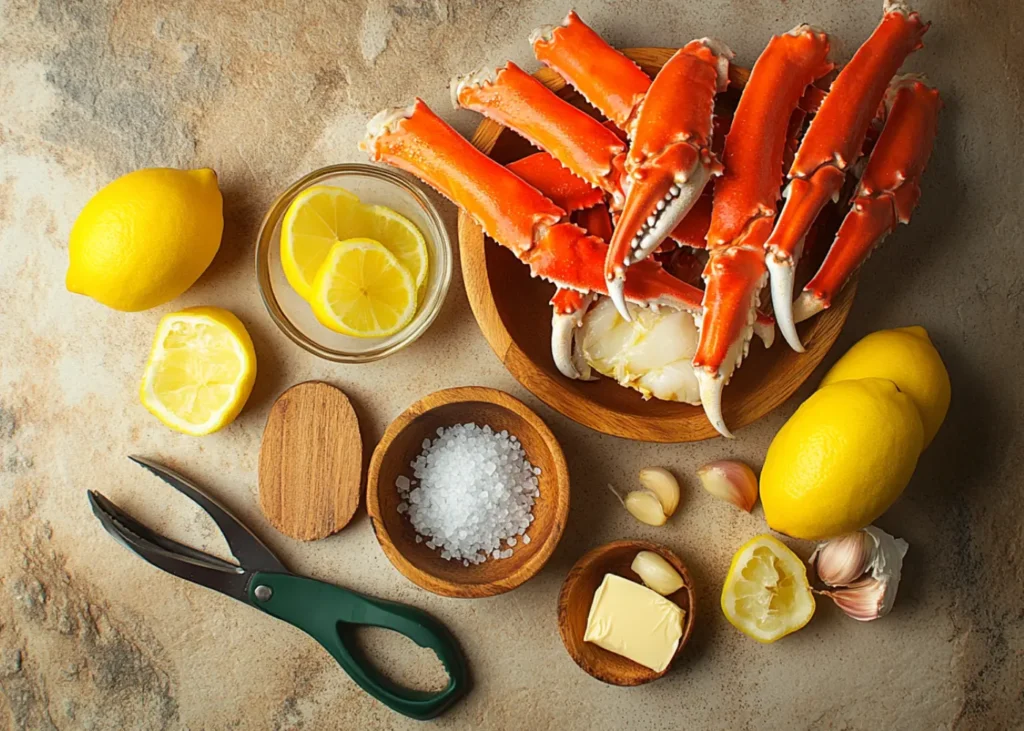 A top-down view of king crab legs, garlic, butter, and seasoning on a rustic kitchen counter
