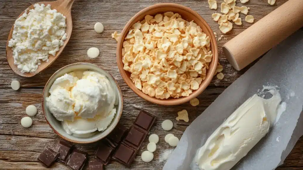 Crushed cornflakes, white chocolate chips, and vanilla ice cream arranged for Fried Chicken Ice Cream.	