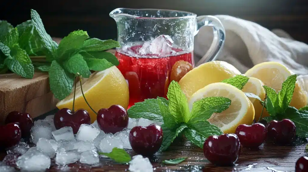 Fresh ingredients like cherries, sliced lemons, mint leaves, and syrup for the Jalbitedrinks liquor recipe