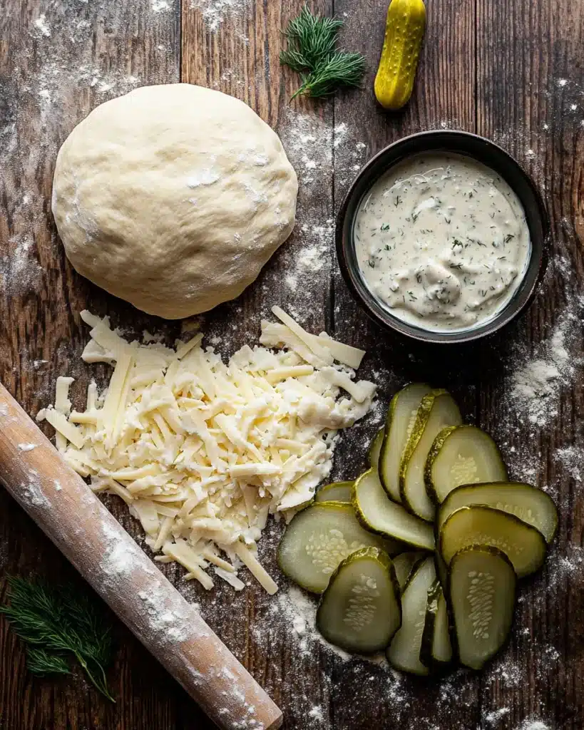 Ingredients for pickle pie pizza displayed neatly on a wooden surface.