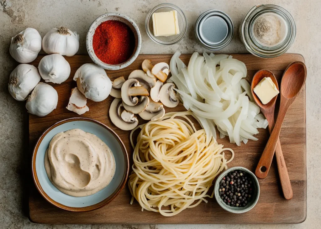 Fresh ingredients for Vegetarian Beef Stroganoff, including mushrooms, onions, and cashew cream