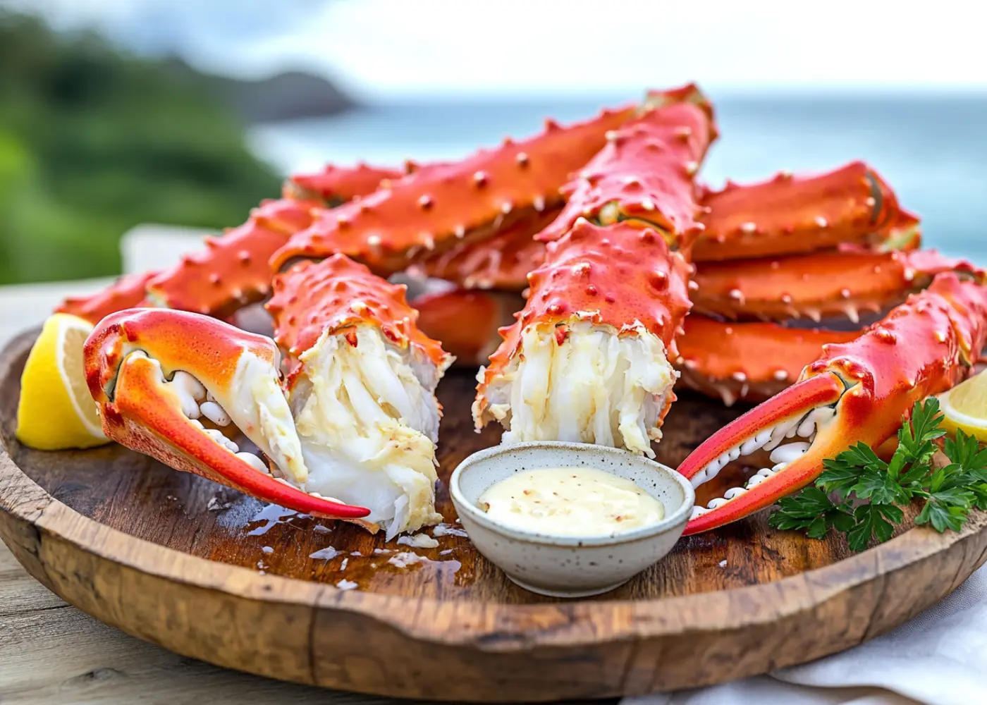 Freshly cooked king crab legs with cracked shells, served with melted butter and lemon wedges