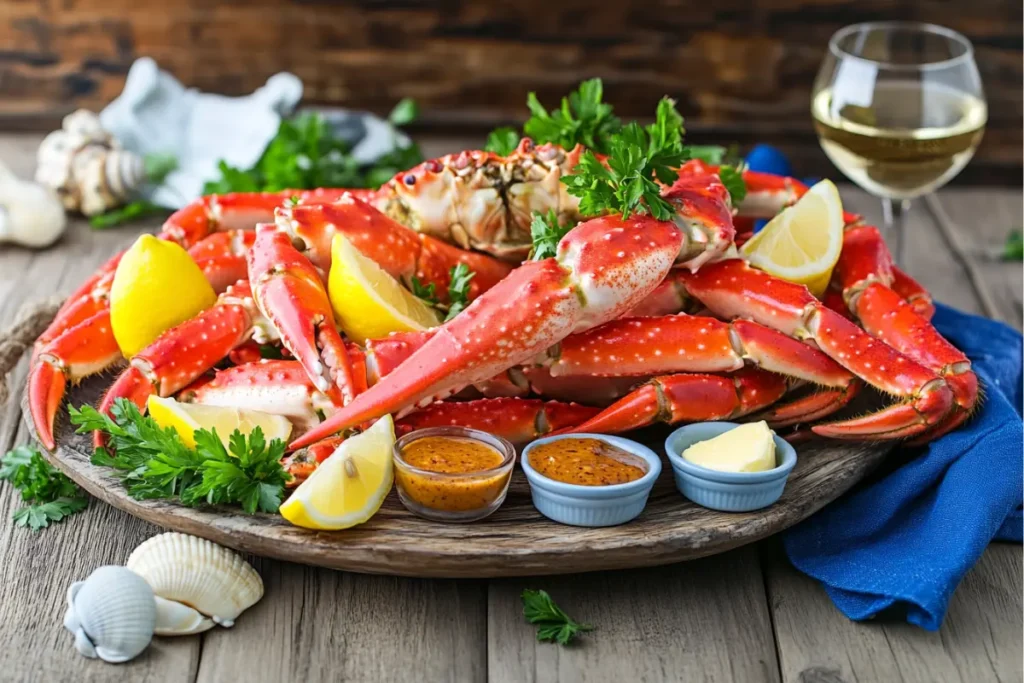 Crab legs served with lemon wedges butter and cocktail sauce