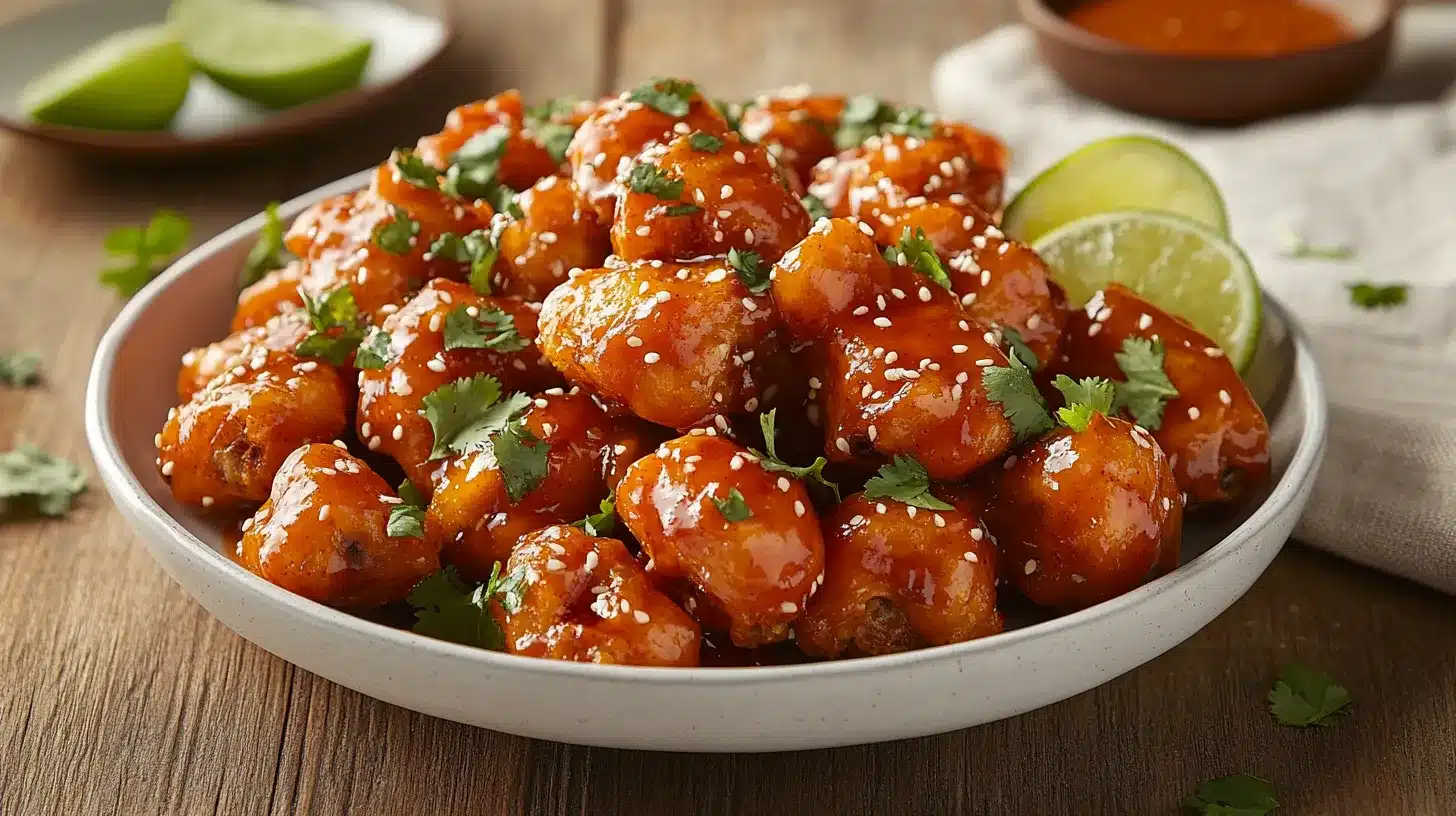 Sweet and spicy mango habanero wings garnished with lime wedges and cilantro