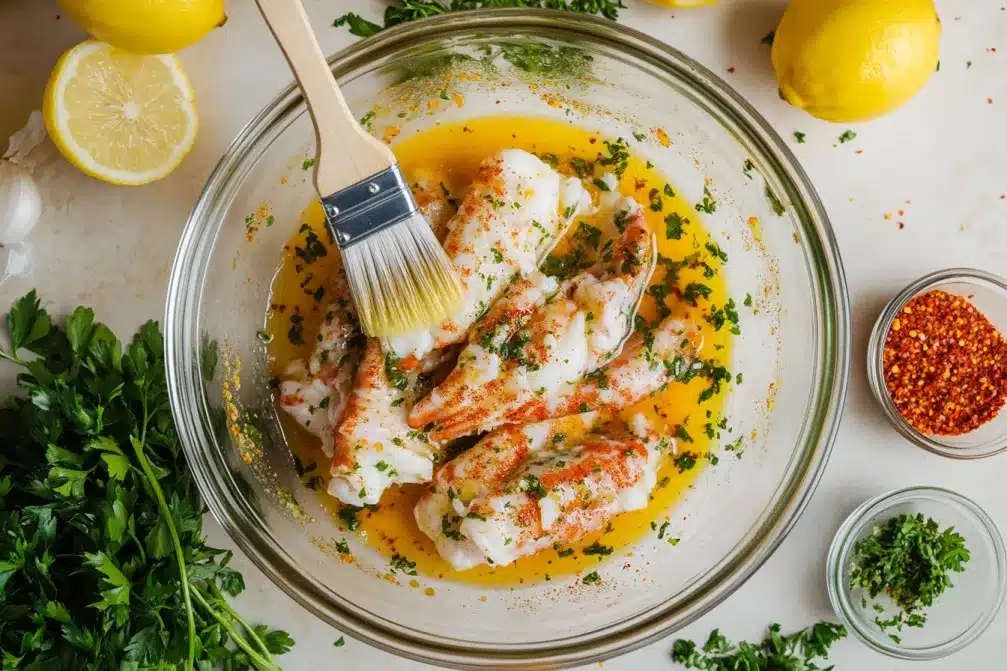 Raw snow crab legs being marinated with garlic butter, lemon juice, and spices.	