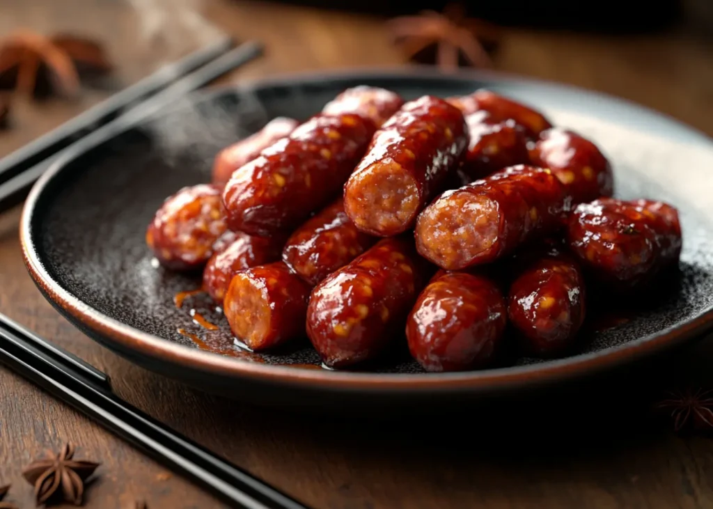 Mini Chinese sausages frozen, cooked to perfection with a caramelized glaze, served on a ceramic plate