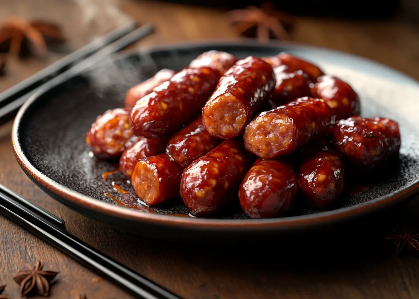 Mini Chinese sausages frozen, cooked to perfection with a caramelized glaze, served on a ceramic plate