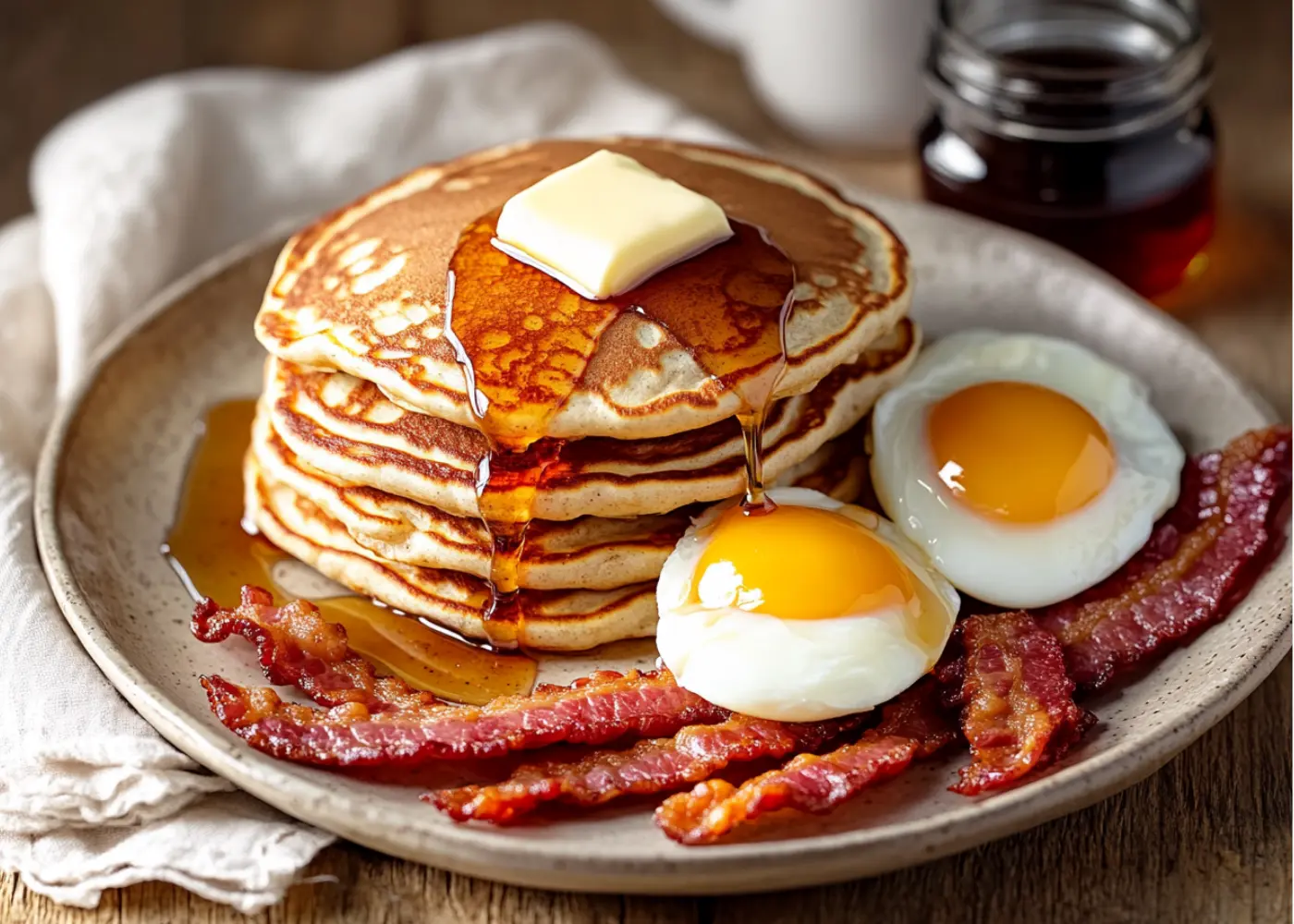 Pancakes and Eggs breakfast plate with golden pancakes, eggs, and syrup