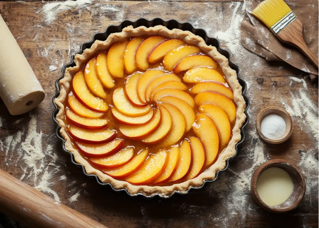 Unbaked Peach Tart with arranged peach slices in a fluted tart pan	
