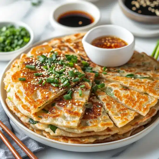 Trader Joe's Scallion Pancakes garnished with sesame seeds, served with soy sauce, chili oil, and chives