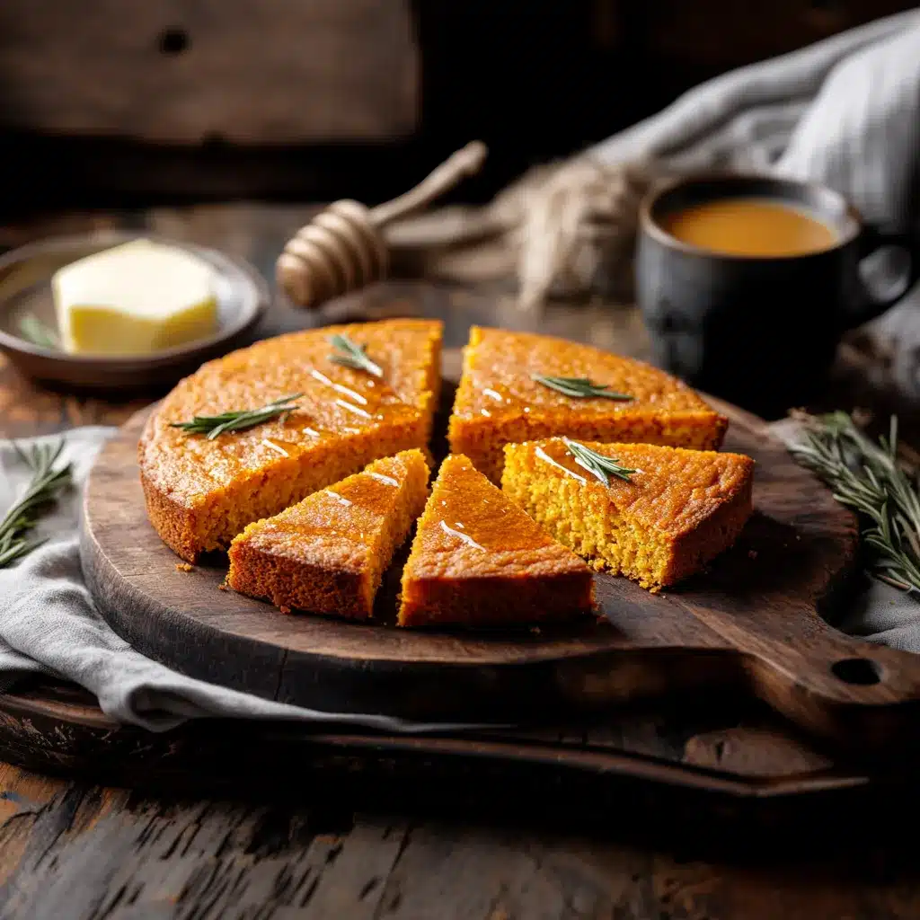 Sliced sweet potato cornbread served with honey, rosemary garnish, and coffee
