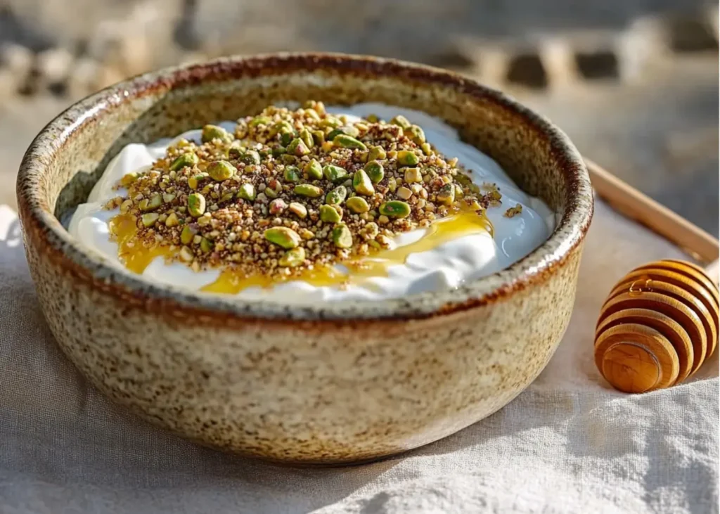 Greek yogurt with honey and Pistachio Dukkah topping

