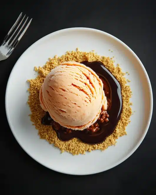 Plated Bolognese-flavored ice cream with breadcrumbs and chocolate drizzle on a white plate