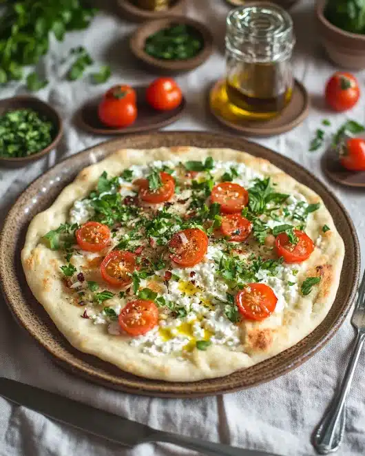 Cottage cheese flatbread garnished with herbs and tomato