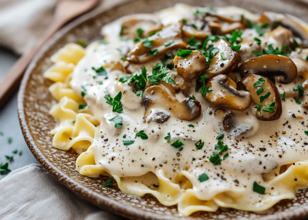 Close-up of creamy Vegetarian Beef Stroganoff served with fresh parsley garnish
