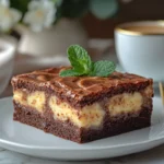 Plated banana pudding brownies with a caramel drizzle and a sprig of mint, served alongside coffee on a marble table