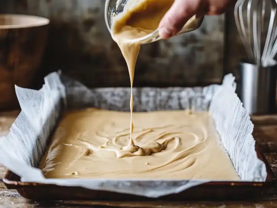 Batter being poured into a parchment-lined sheet pan for baking	