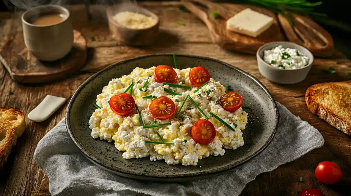 Scrambled eggs with cottage cheese and garnishes on a rustic table.