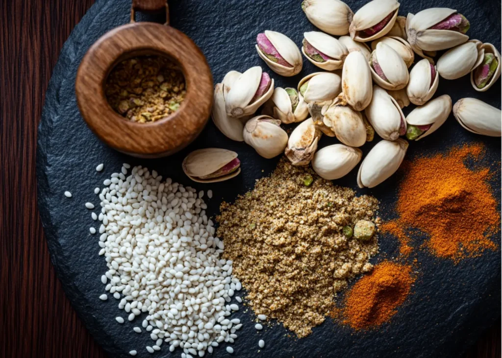 Shelled pistachios, sesame seeds, coriander, and cumin for dukkah
