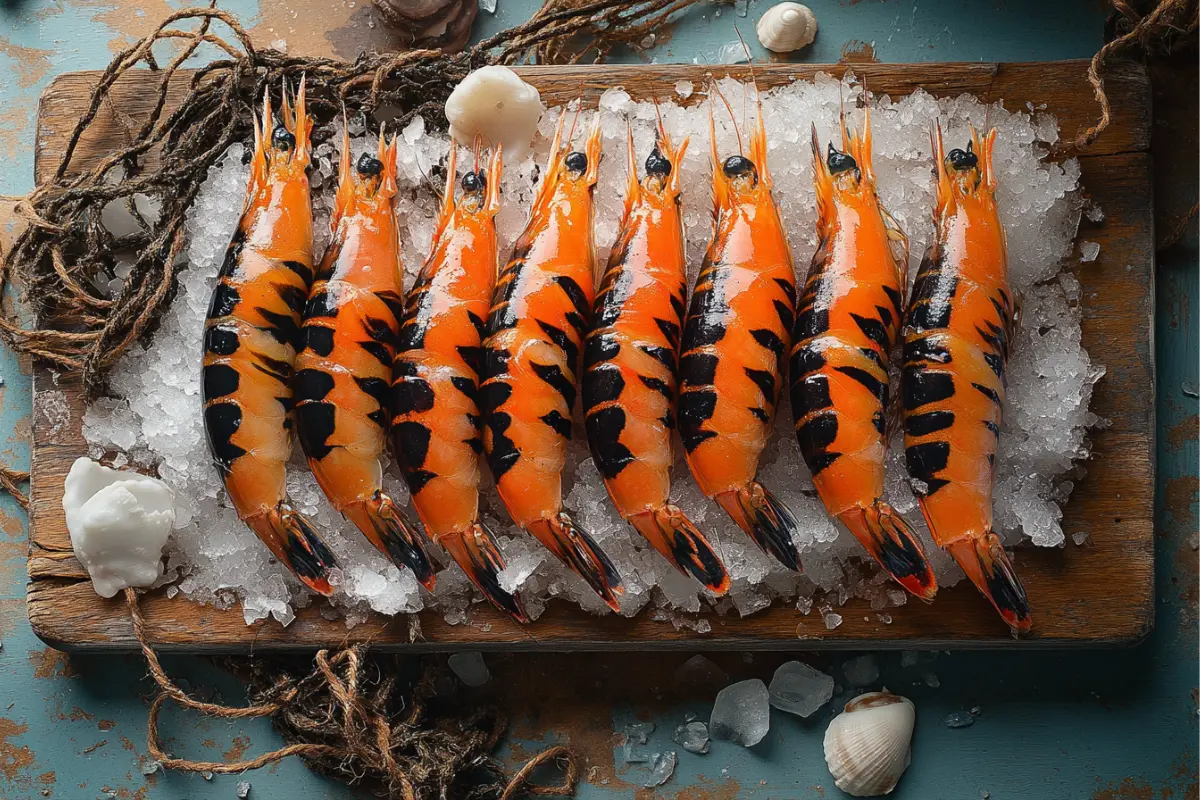 Tiger Shrimp with bold stripes on ice, emphasizing fresh catch