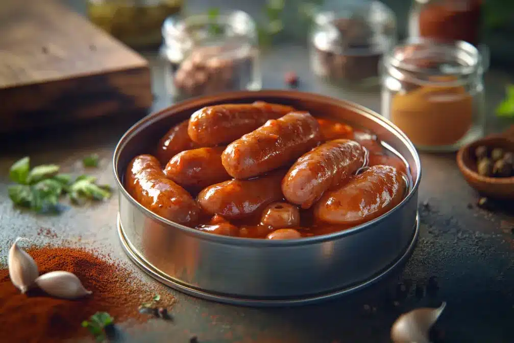 Raw Vienna sausages submerged in briny liquid with spices in the background	