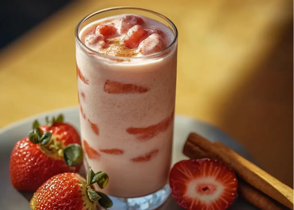 Strawberry Horchata pink drink with cinnamon garnish and fresh strawberries