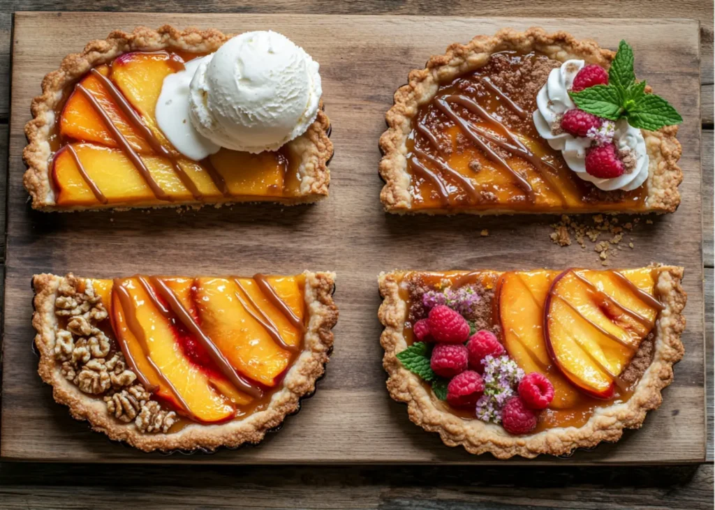 Four seasonal Peach Tart variations with different toppings
