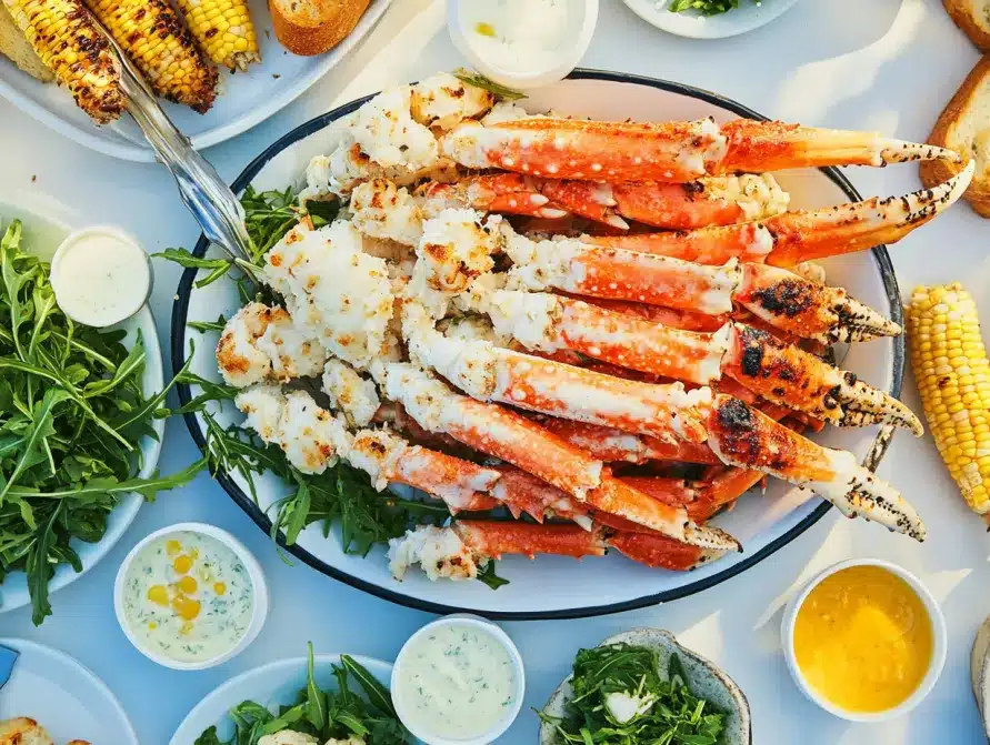 A seafood feast with grilled snow crab legs, corn on the cob, garlic bread, and dipping sauces.
