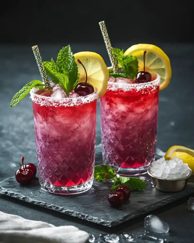 Jalbite Drinks served in glasses with lemon, cherries, and crushed ice on a tray