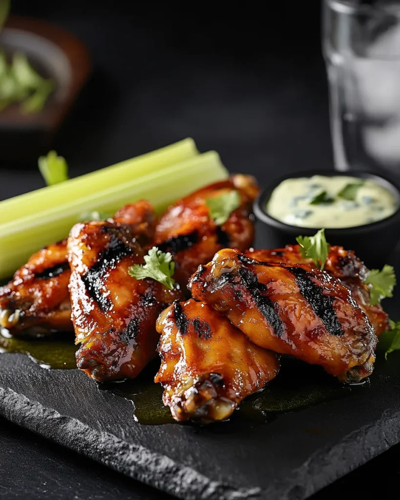 Mango habanero wings served with blue cheese dip, celery, and a cool drink
