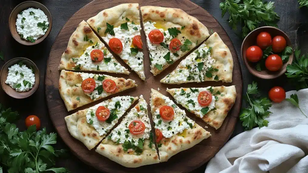 Sharing platter of flatbread with herbs and tomatoes