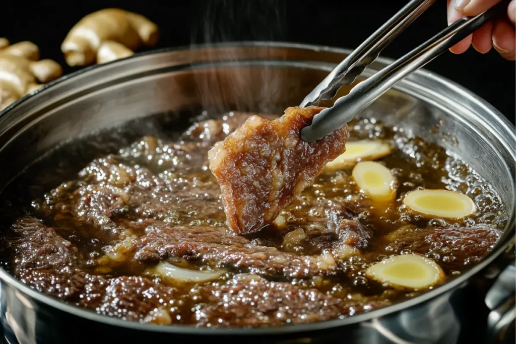 Cooking beef tendon for Beef Tendon Pho, gently simmering in broth with ginger, onions	