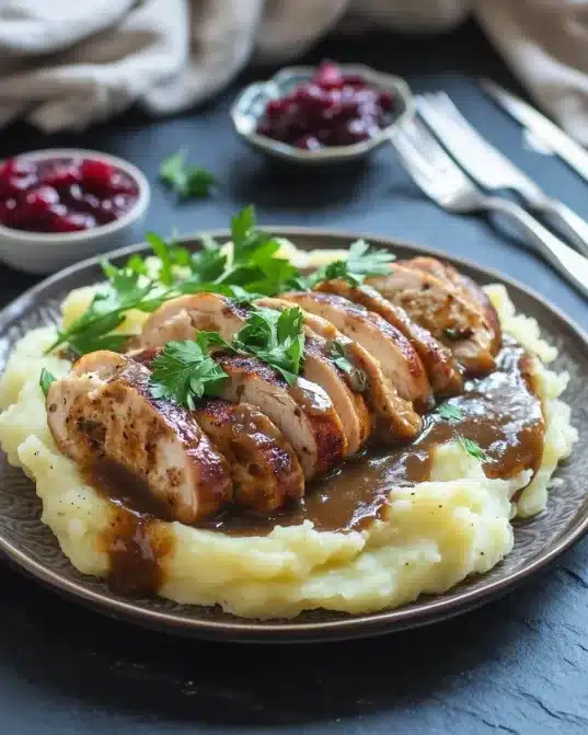 Sliced chicken sausages served atop mashed potatoes with parsley and rich brown gravy
