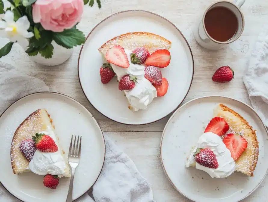 Sliced kefir cake served with whipped cream and strawberries, styled for a cozy setting