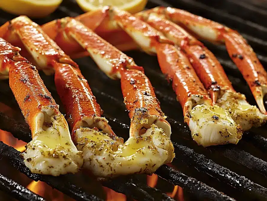 Snow crab legs grilling on hot grates with smoky flavor and caramelized lemon slices.	