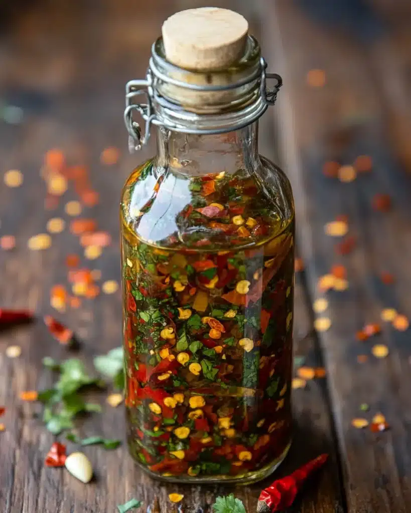 Infused olive oil with chili and herbs