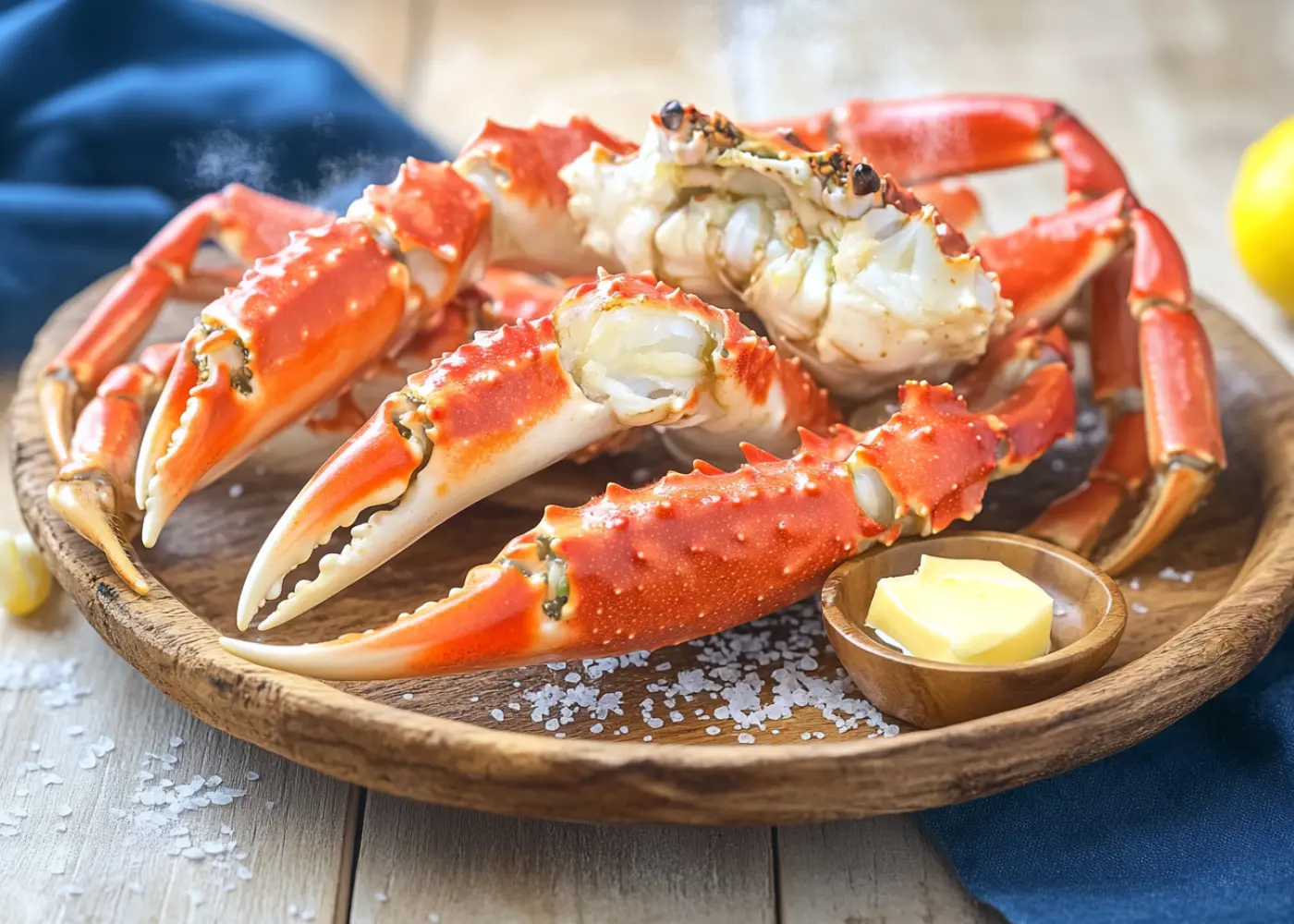 Steamed crab legs with melted butter and lemon wedges