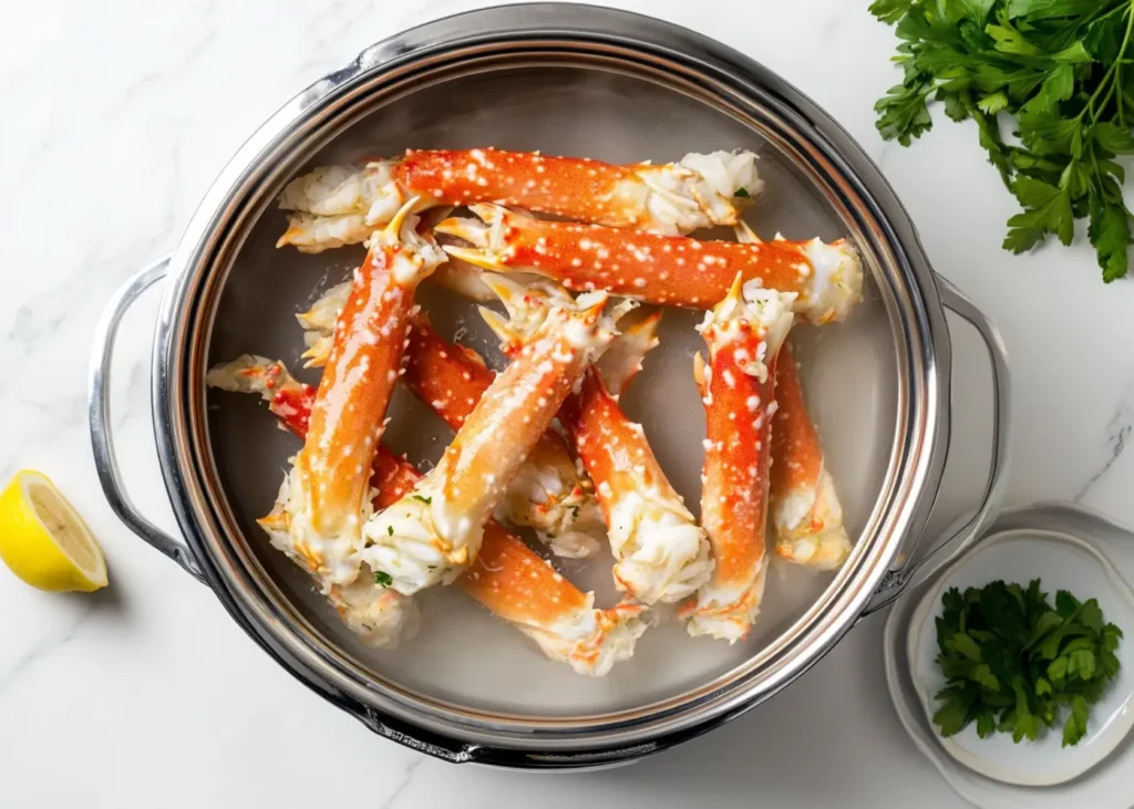 Crab legs steaming in a stainless-steel pot with rising steam - How to Steam Crab Legs step by step
