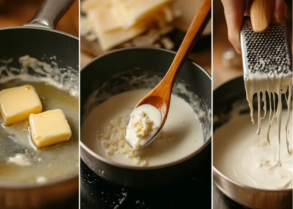 Step-by-step process of making garlic parmesan sauce, featuring butter melting, garlic sautéing, and Parmesan cheese blending into the sauce.