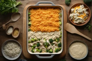 Sliced portion of Chicken Broccoli Rice Casserole showing toppings and variations