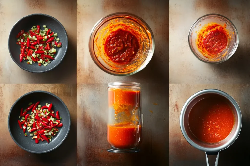 Mexican Hot Sauce prep: sautéing chilies, garlic, onions	