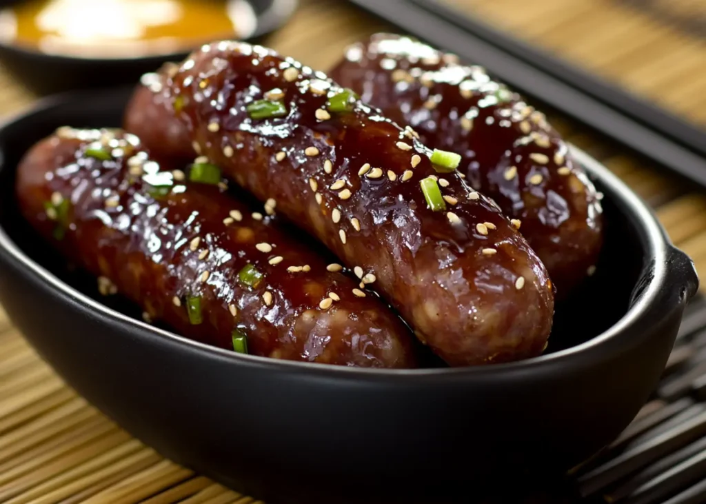 Close-up of sticky Asian-style mini Chinese sausages garnished with sesame seeds and scallions
