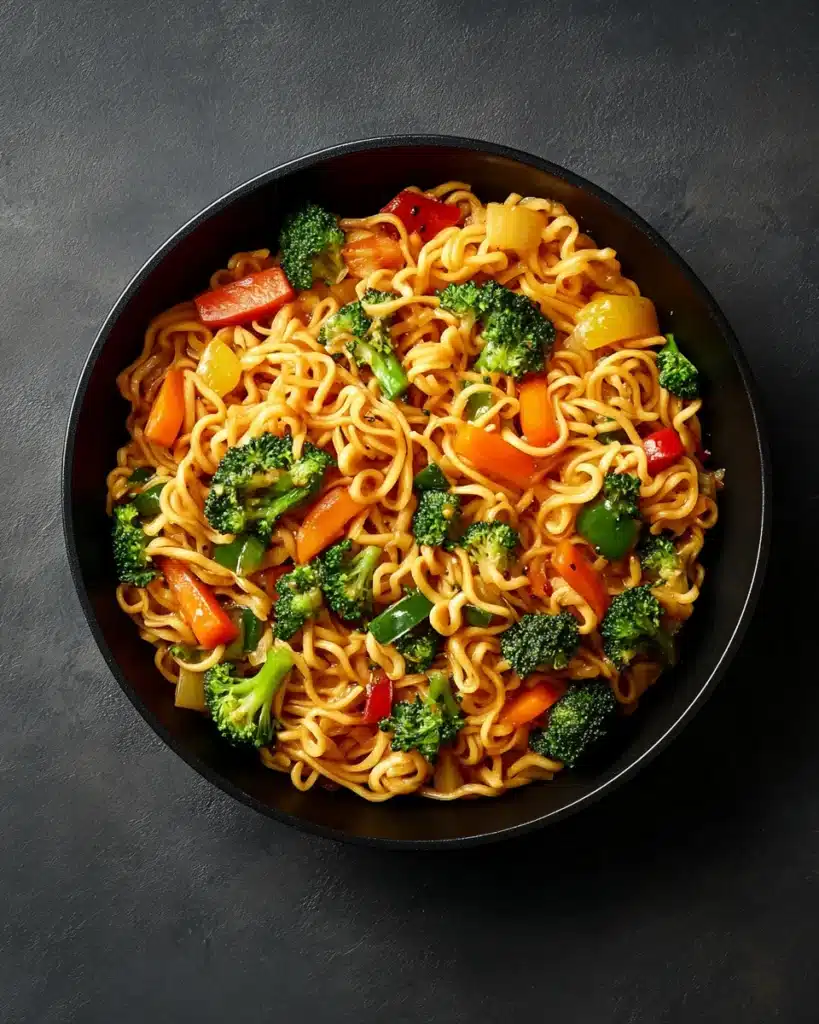 Stir-fried egg noodles with broccoli, bell peppers, and carrots in a skillet