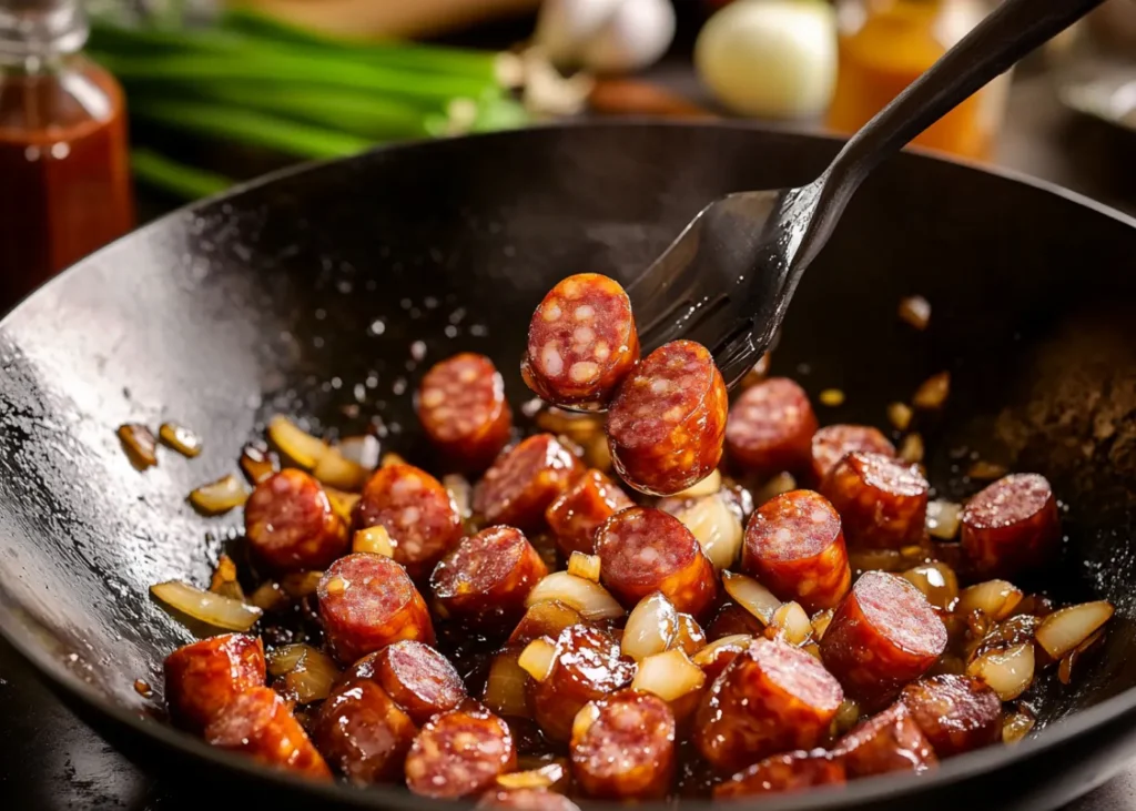 Stir-frying mini Chinese sausages in a wok, with sizzling garlic and onions