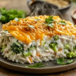 Chicken Broccoli Rice Casserole with melted cheese in white baking dish