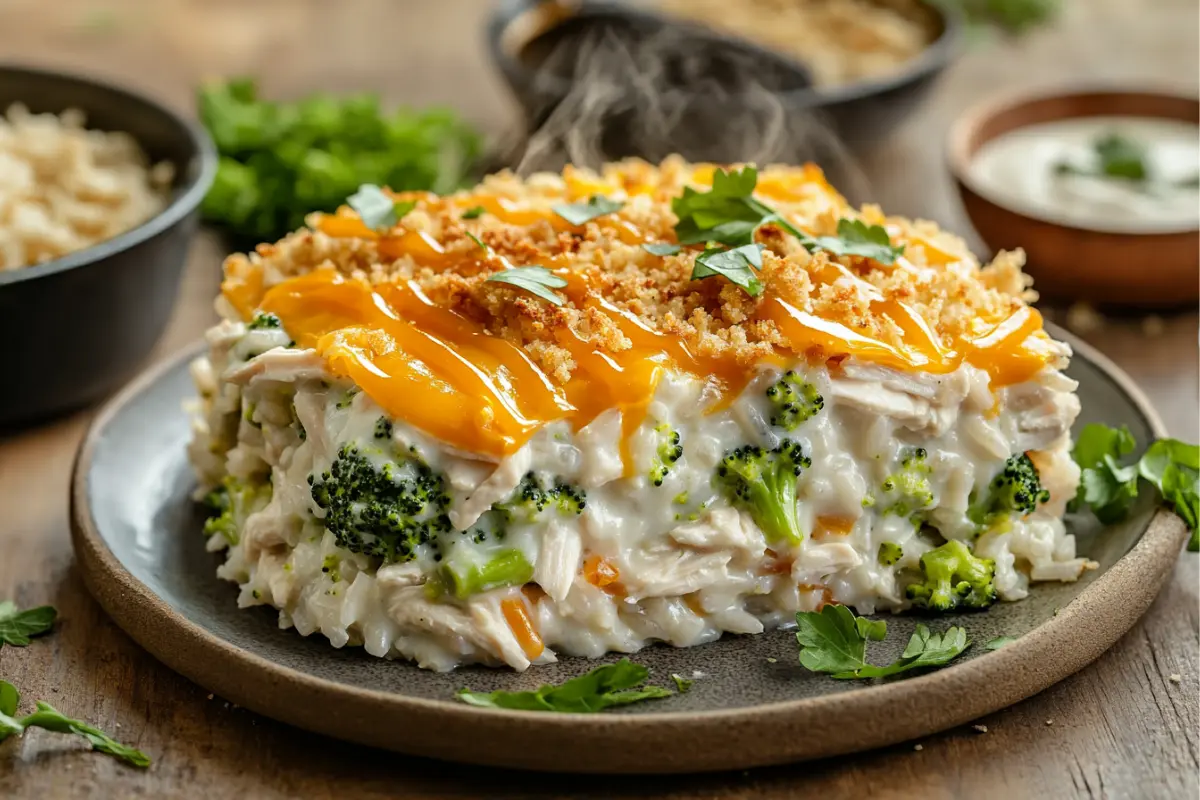Chicken Broccoli Rice Casserole with melted cheese in white baking dish