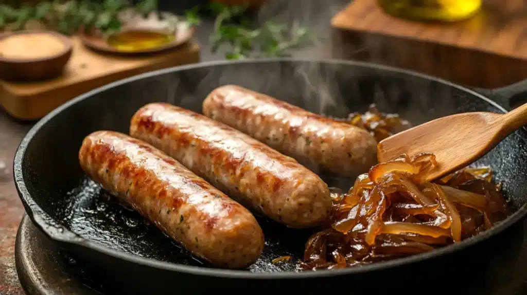 Trader Joe’s chicken sausages sizzling on a skillet with caramelized onions on the side	